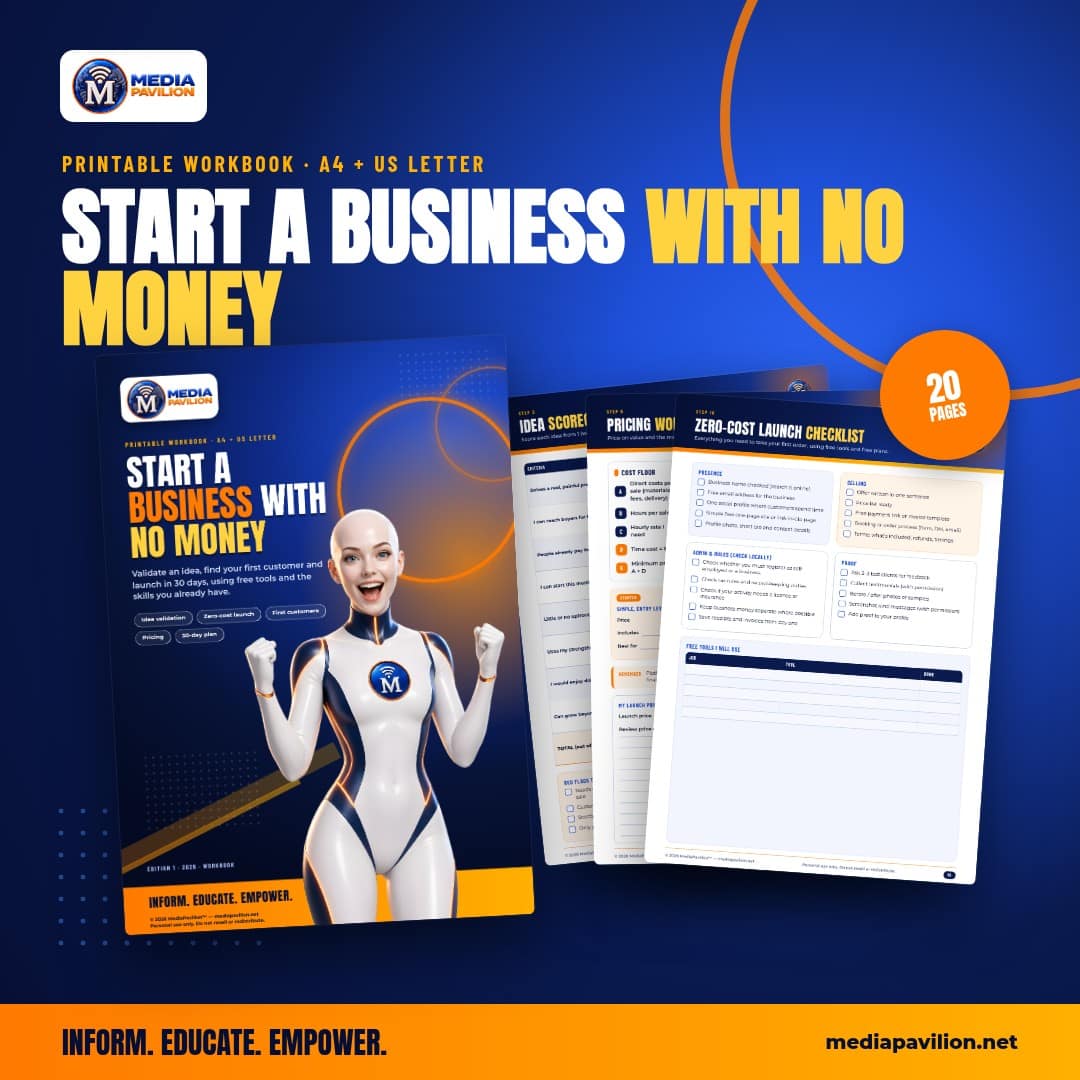 Start a Business With No Money Workbook: cover, MediaPavilion printable