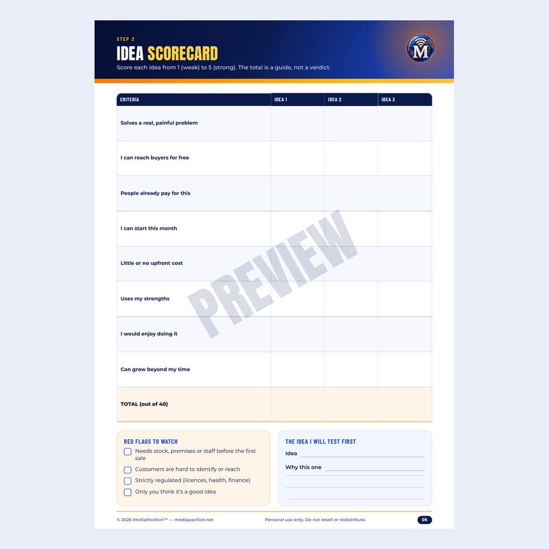 Start a Business With No Money Workbook: inside page preview 1, MediaPavilion printable
