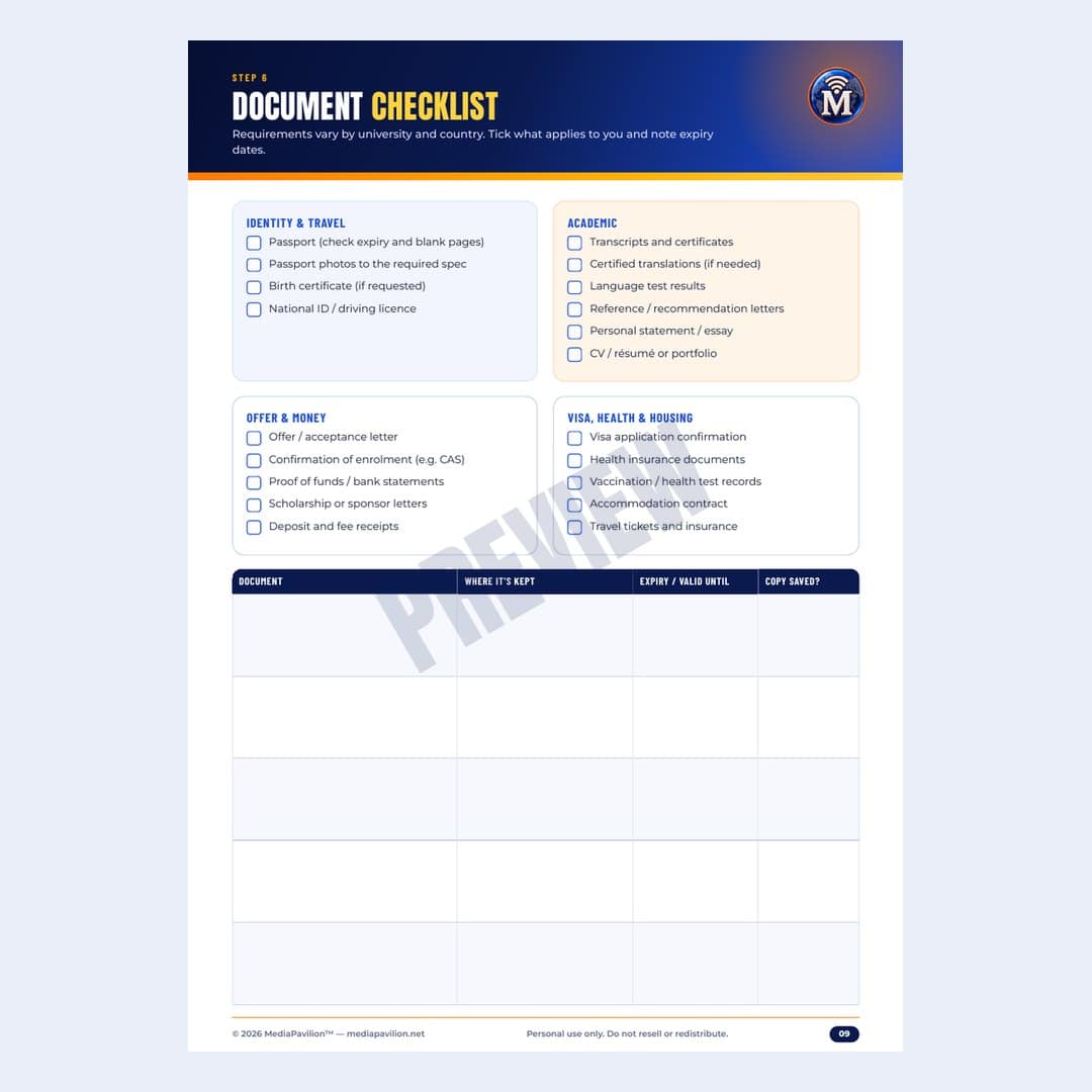 Study Abroad Checklist & Planner: inside page preview 2, MediaPavilion printable