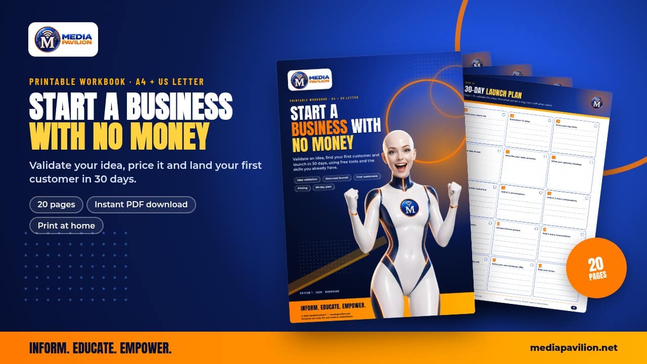 Start a Business With No Money Workbook: mockup, MediaPavilion printable