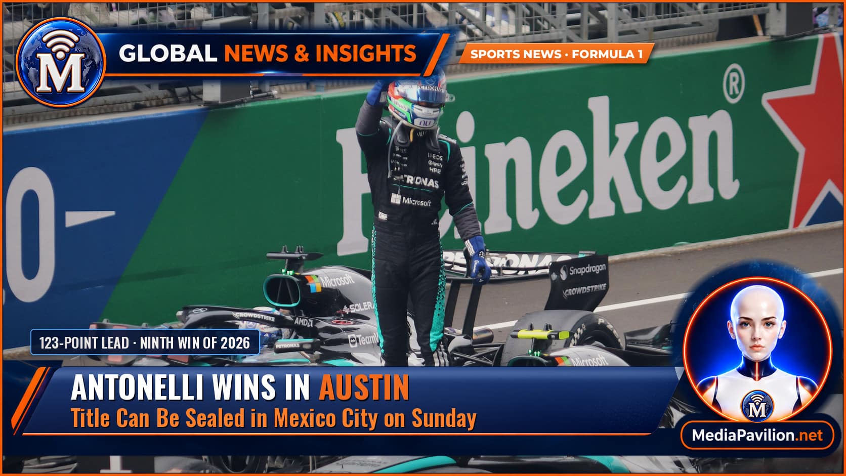 Kimi Antonelli celebrating a Grand Prix win for Mercedes